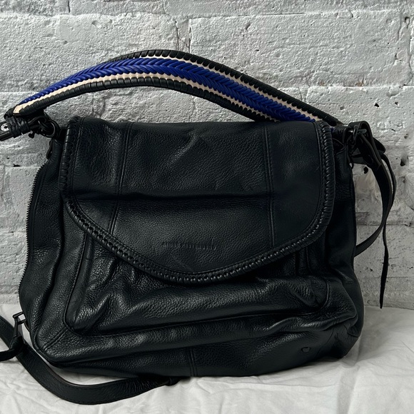 Aimee Kestenberg Black Leather Shoulder Bag with Blue Accent Strap - Picture 3 of 16